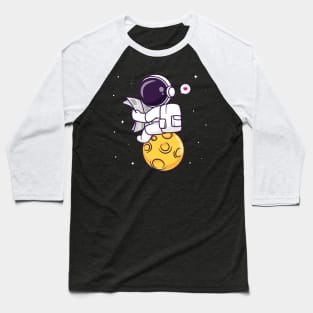 Cute Astronaut Reading Newspaper On Moon Cartoon Baseball T-Shirt